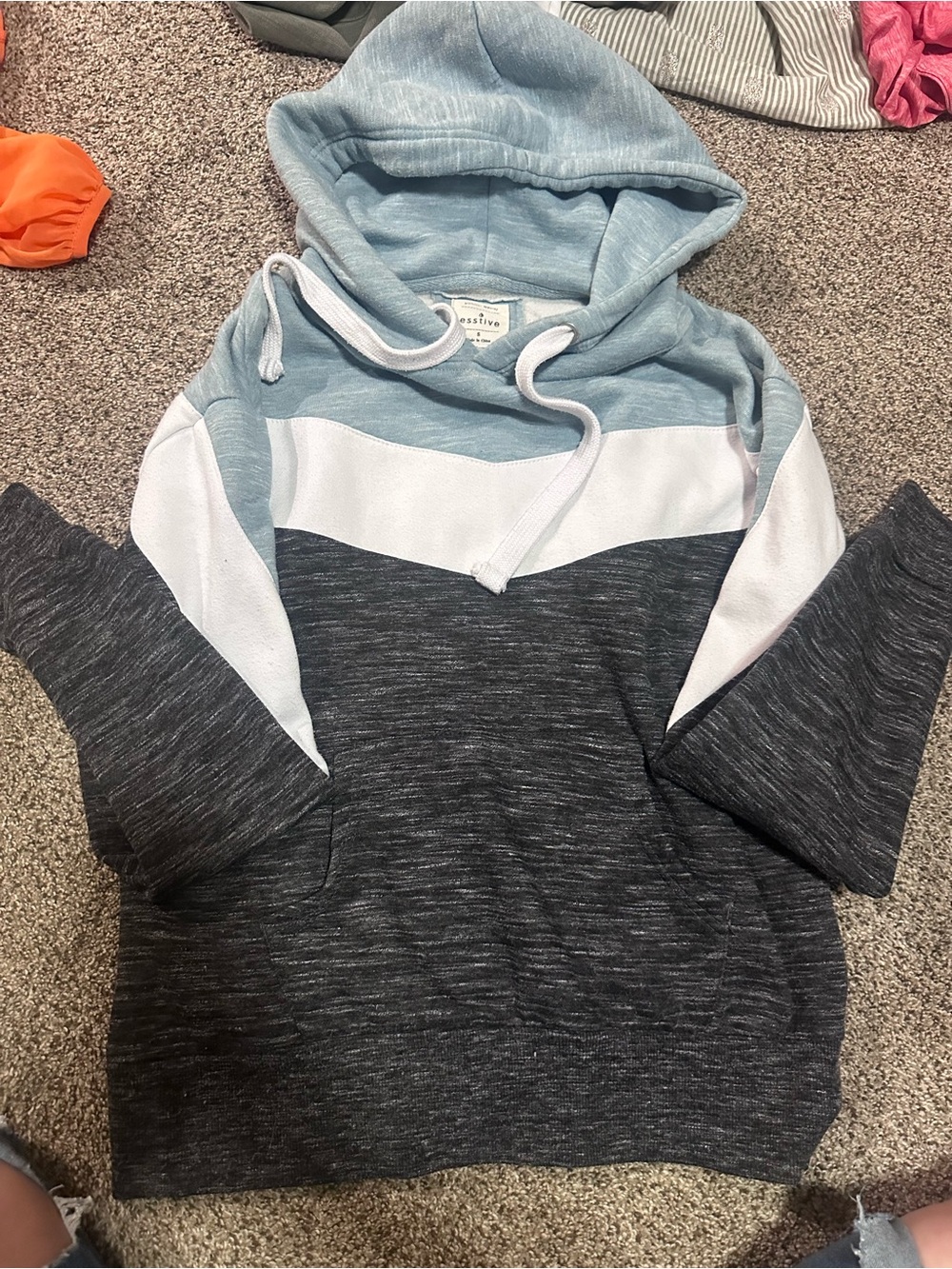 Women Colorblock Hooded Sweater - Light Blue, White & Charcoal